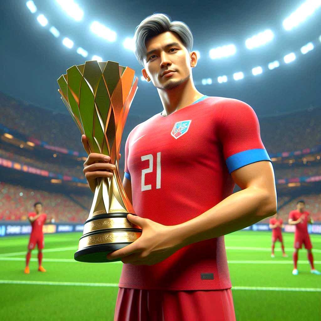 Asian Cup simulator player with trophy